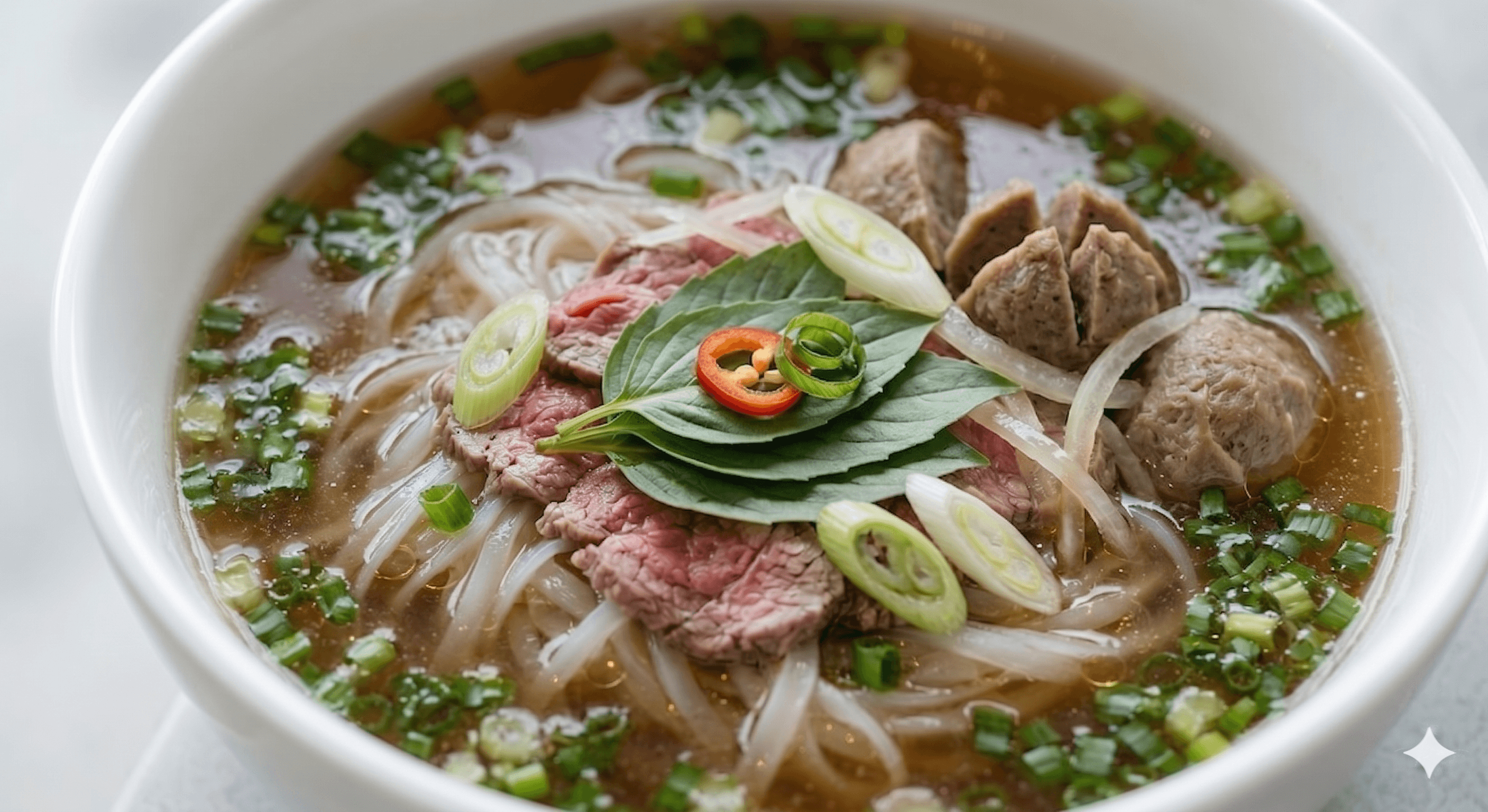 Overhead flat-lay of steaming pho in a dark ceramic bowl with fresh herbs